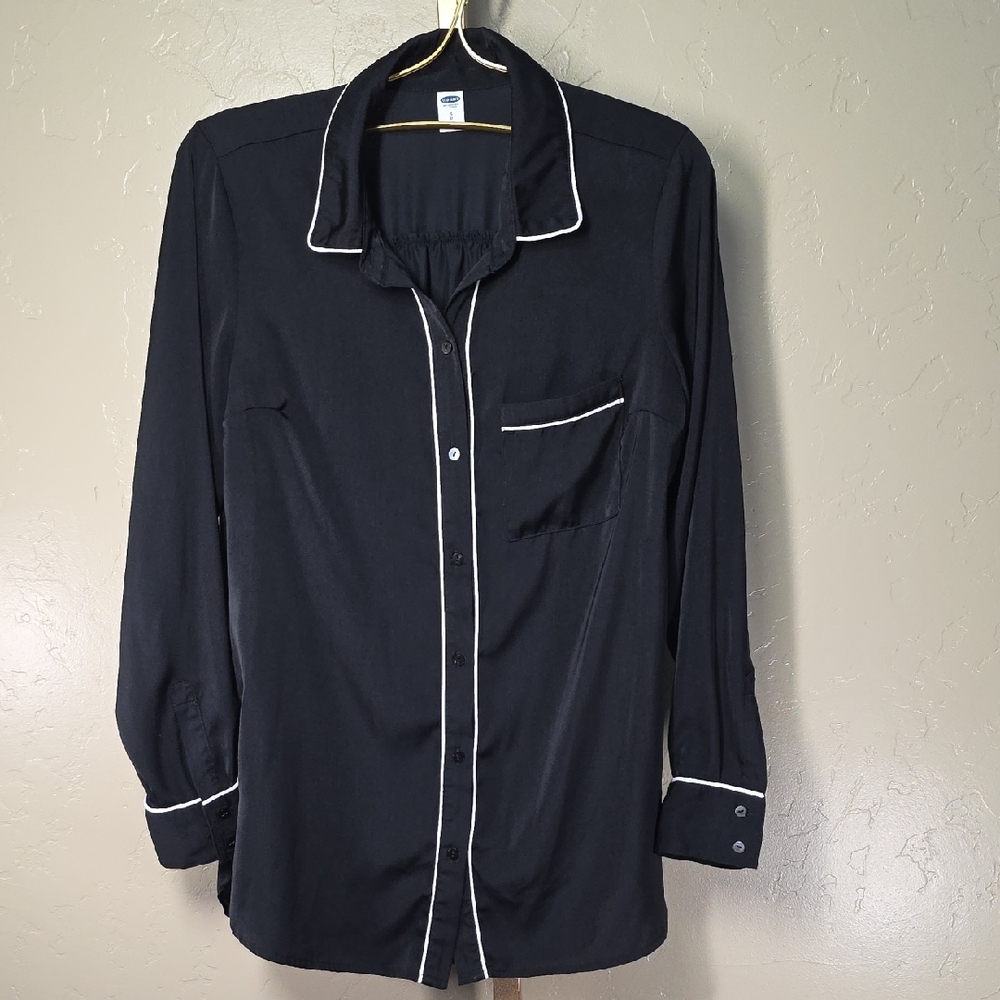 Old Navy Black Button Up Pajama Long Shirt Or Short Sleeping‎ Gown White Piping